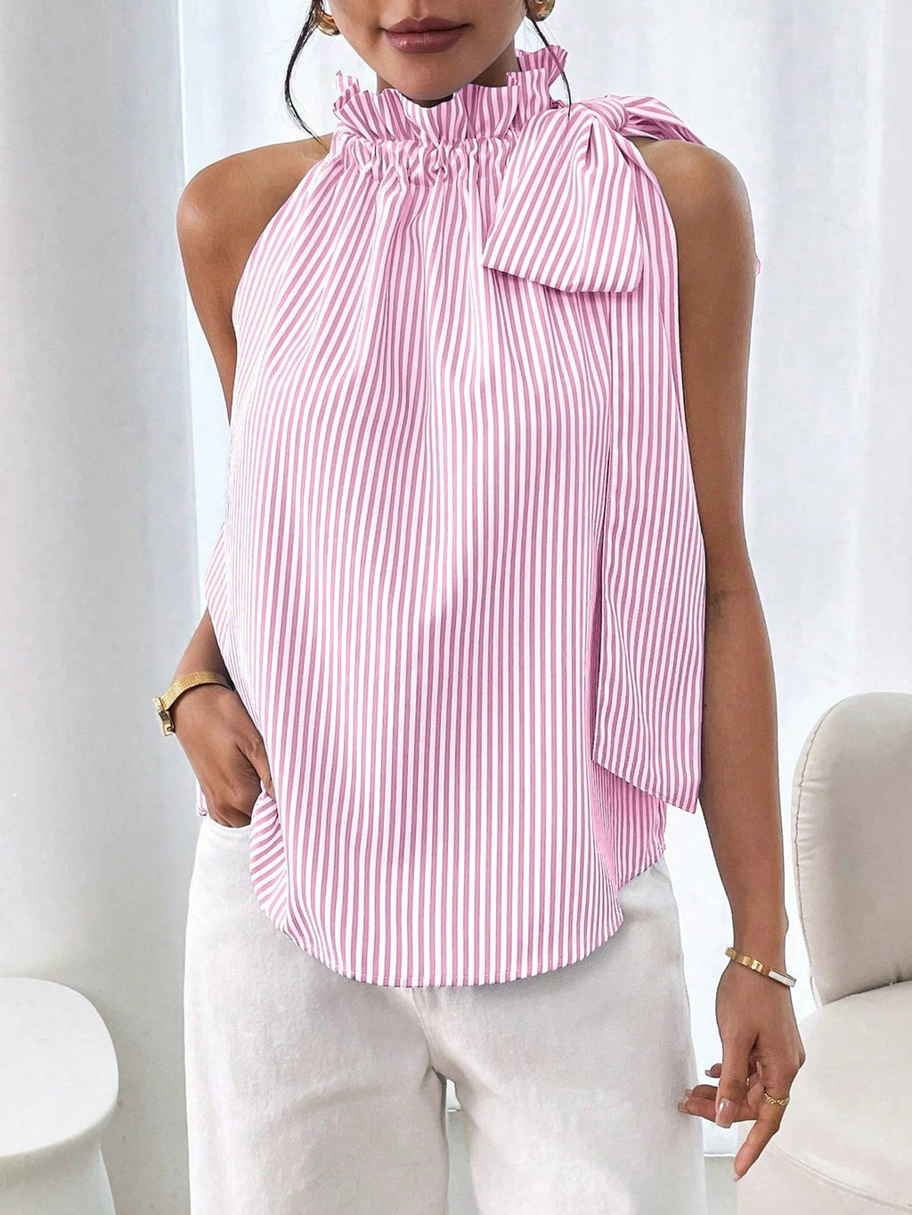 Sleeveless Striped High Neck Knot Sleeveless top: Pink / M