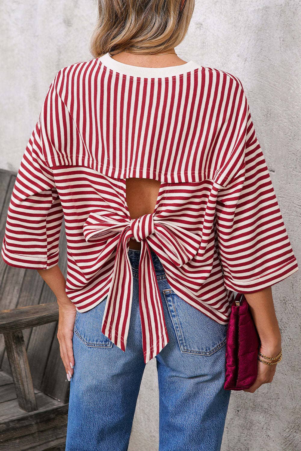 Pink Striped Knit Crew Neck Top with Back Bow Tie Detail: Pink Stripe / 65%Viscose+35%Polyester / S