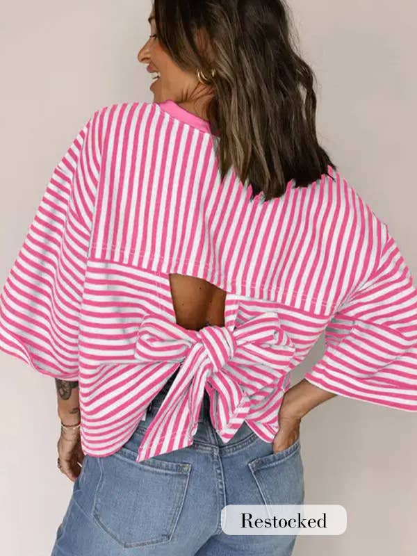 Pink Striped Knit Crew Neck Top with Back Bow Tie Detail: Pink Stripe / 65%Viscose+35%Polyester / L