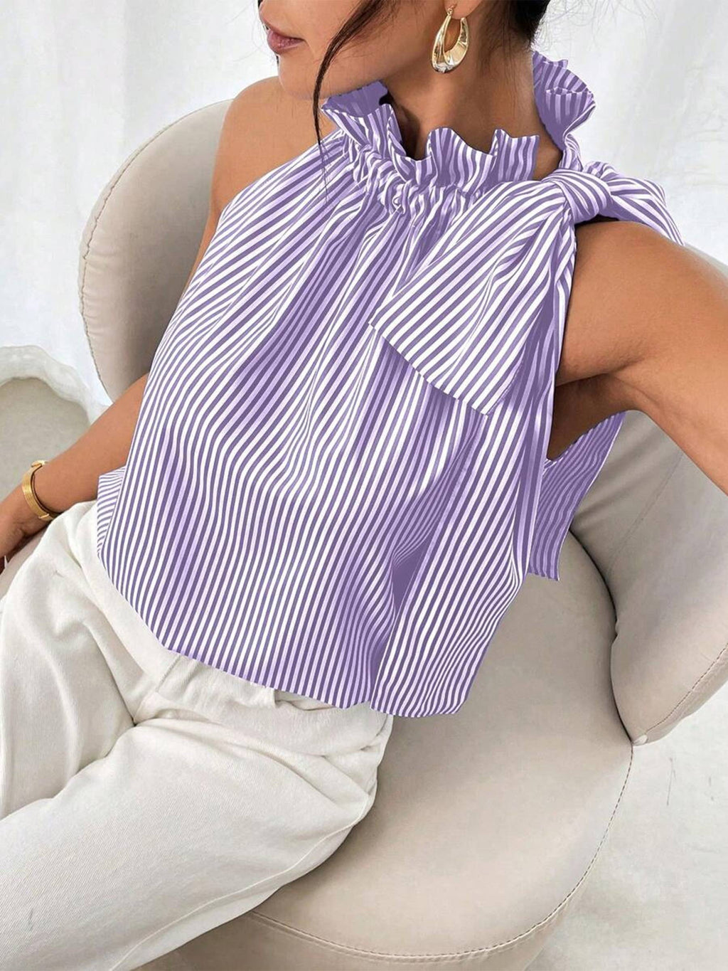 Sleeveless Striped High Neck Knot Sleeveless top: Pink / S