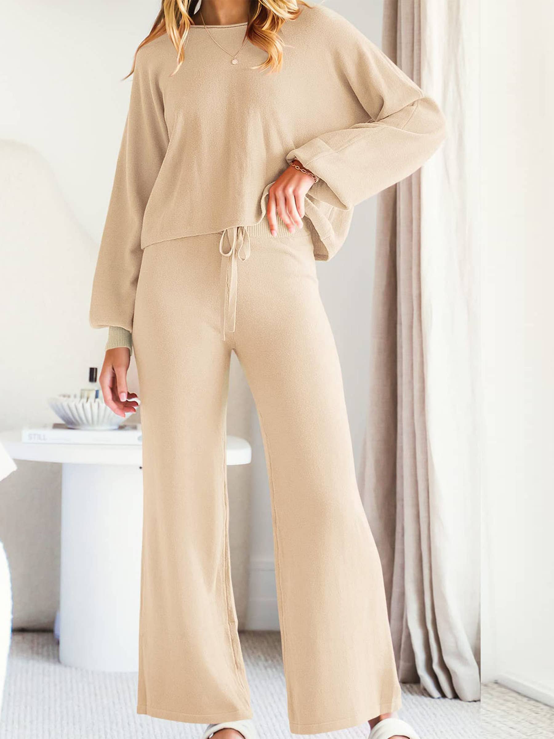 Round Neck Top With Drawstring and Elastic Pants Set: Black