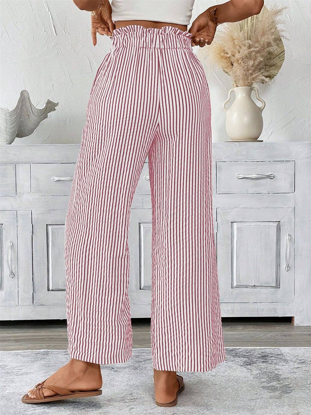 Striped Casual Elegant Straight Leg Pants: Black / XL