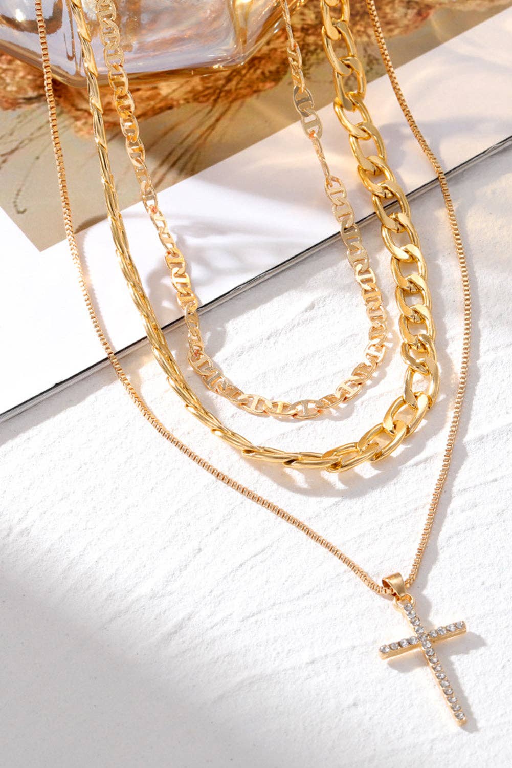 Gold Layered Chain Cross Pendant Necklace Set: Gold / 100%Alloy / ONE SIZE