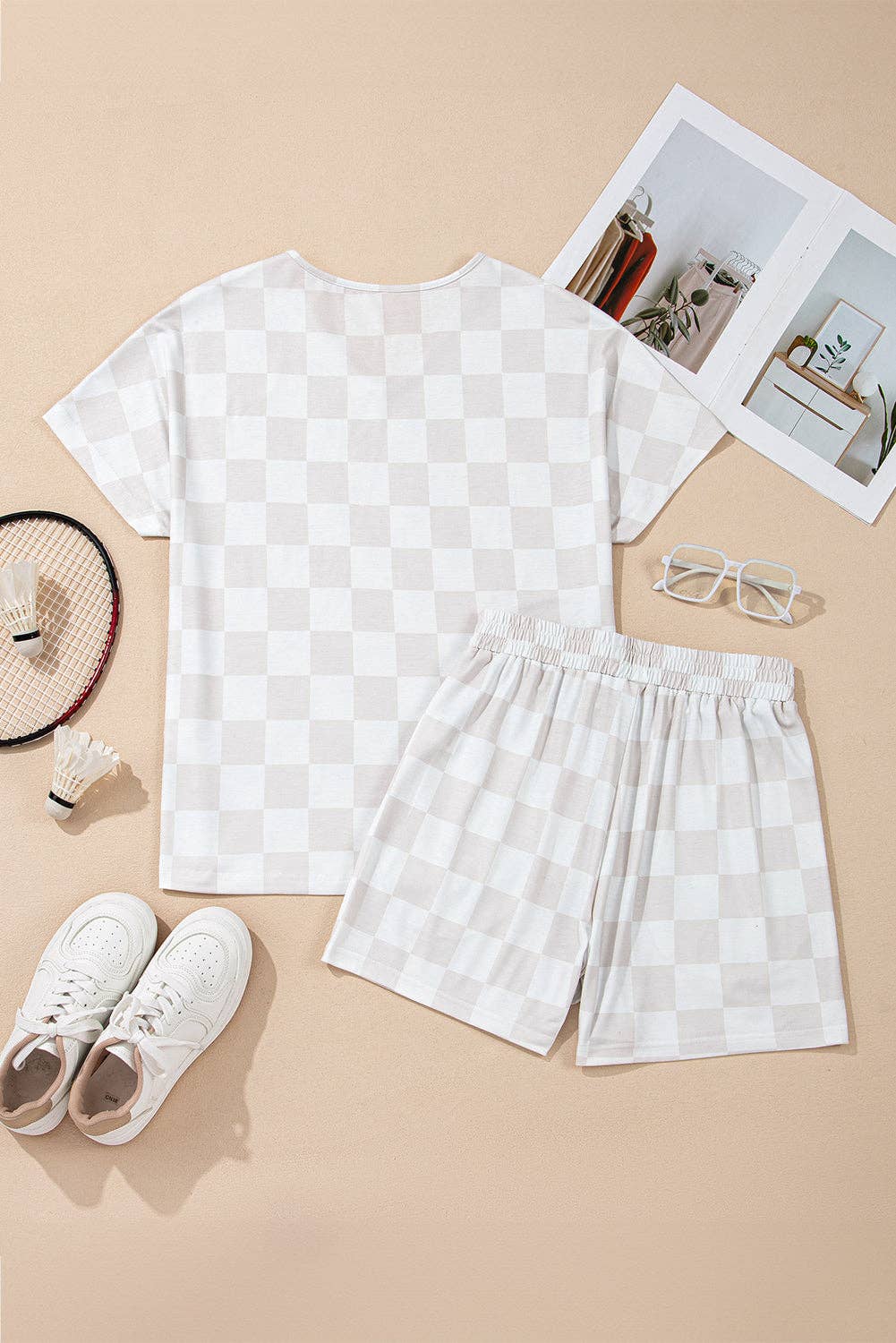 Beige Checkered Lounge Set V Neck Tee Shorts: Beige / 95%Polyester+5%Elastane / M
