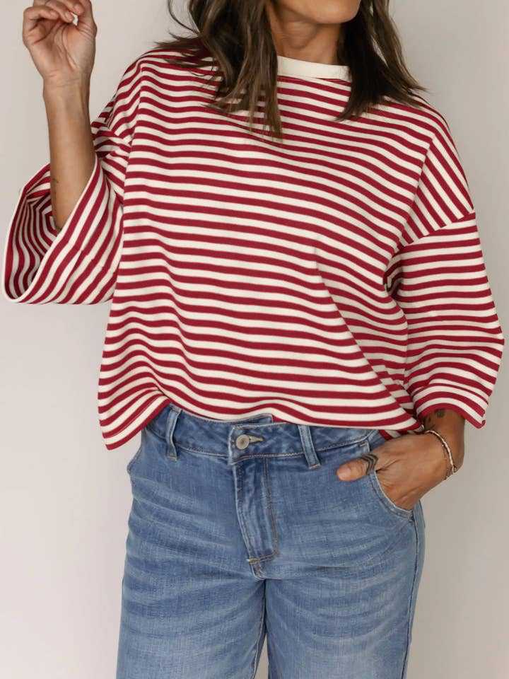 Pink Striped Knit Crew Neck Top with Back Bow Tie Detail: Pink Stripe / 65%Viscose+35%Polyester / L