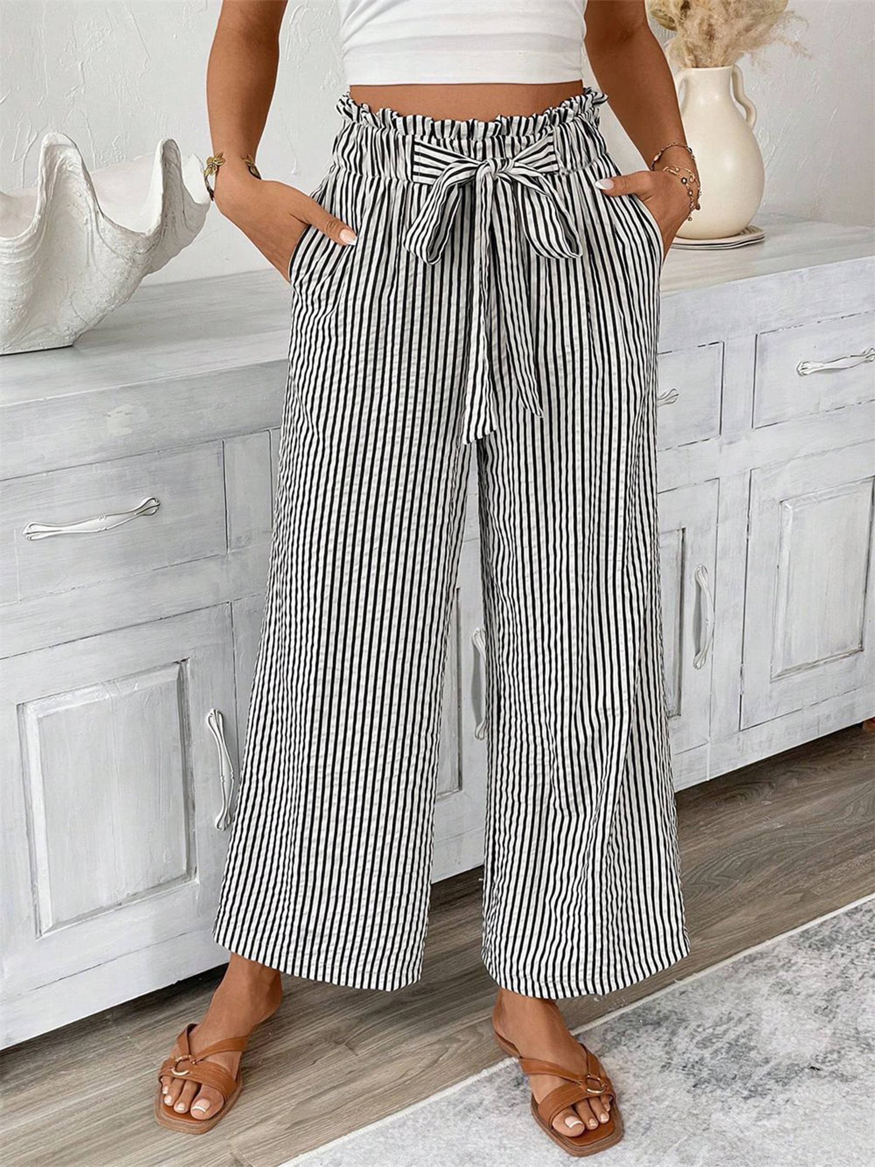 Striped Casual Elegant Straight Leg Pants: Black / XL
