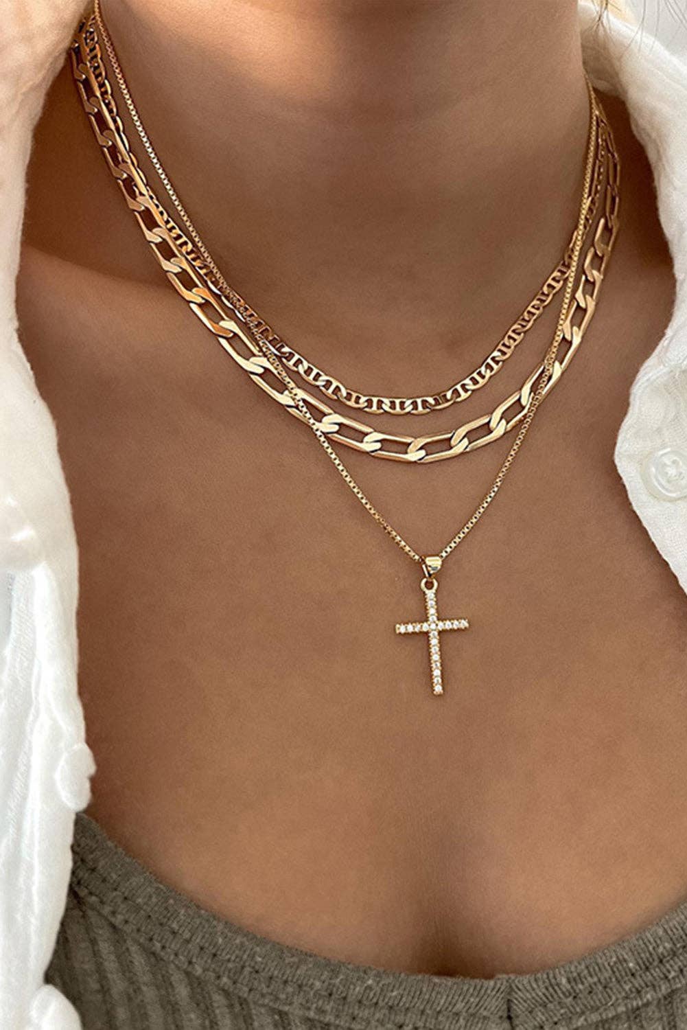 Gold Layered Chain Cross Pendant Necklace Set: Gold / 100%Alloy / ONE SIZE