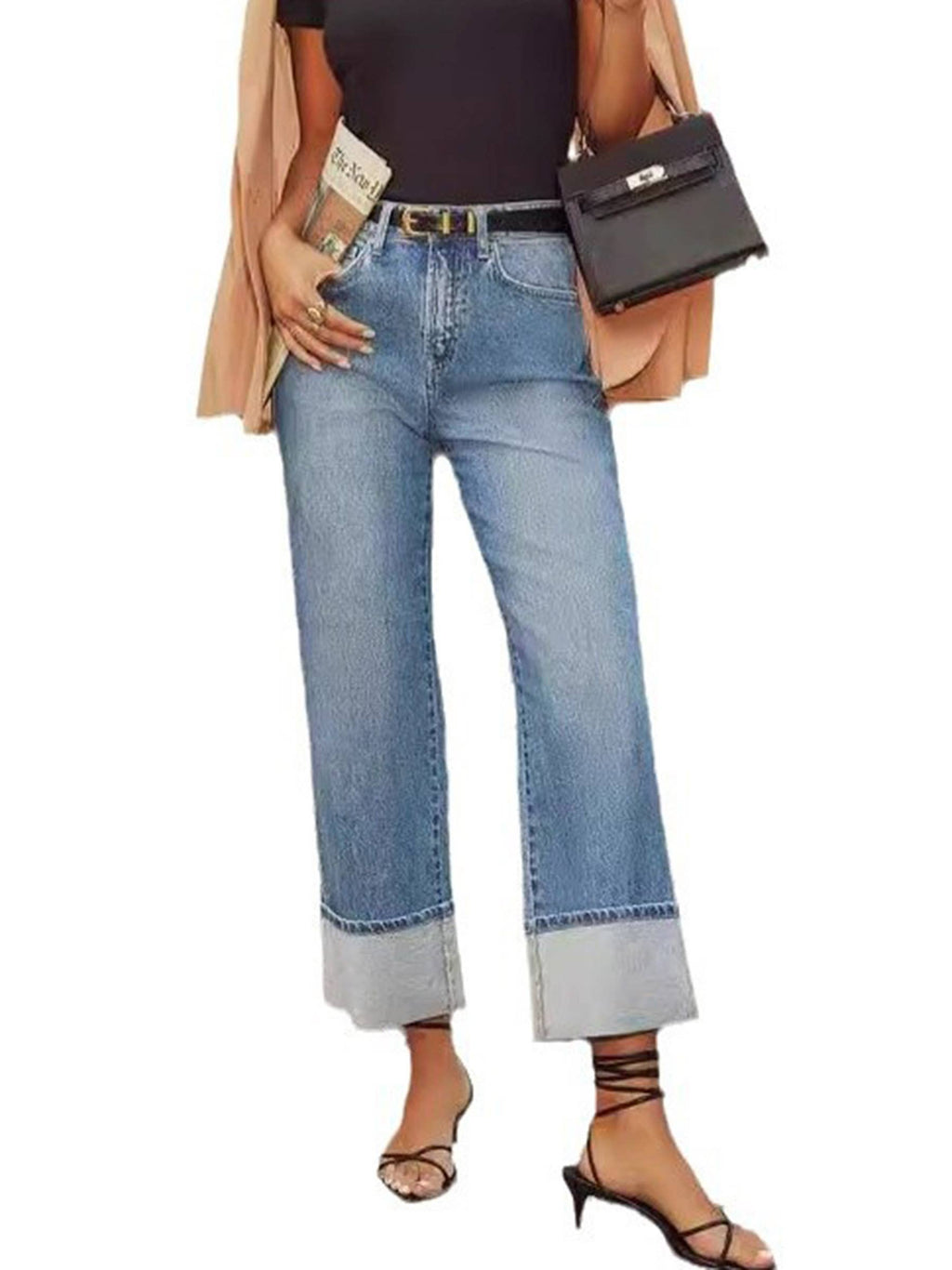 Loose Rolled Edge Cropped Jeans: Blue / S
