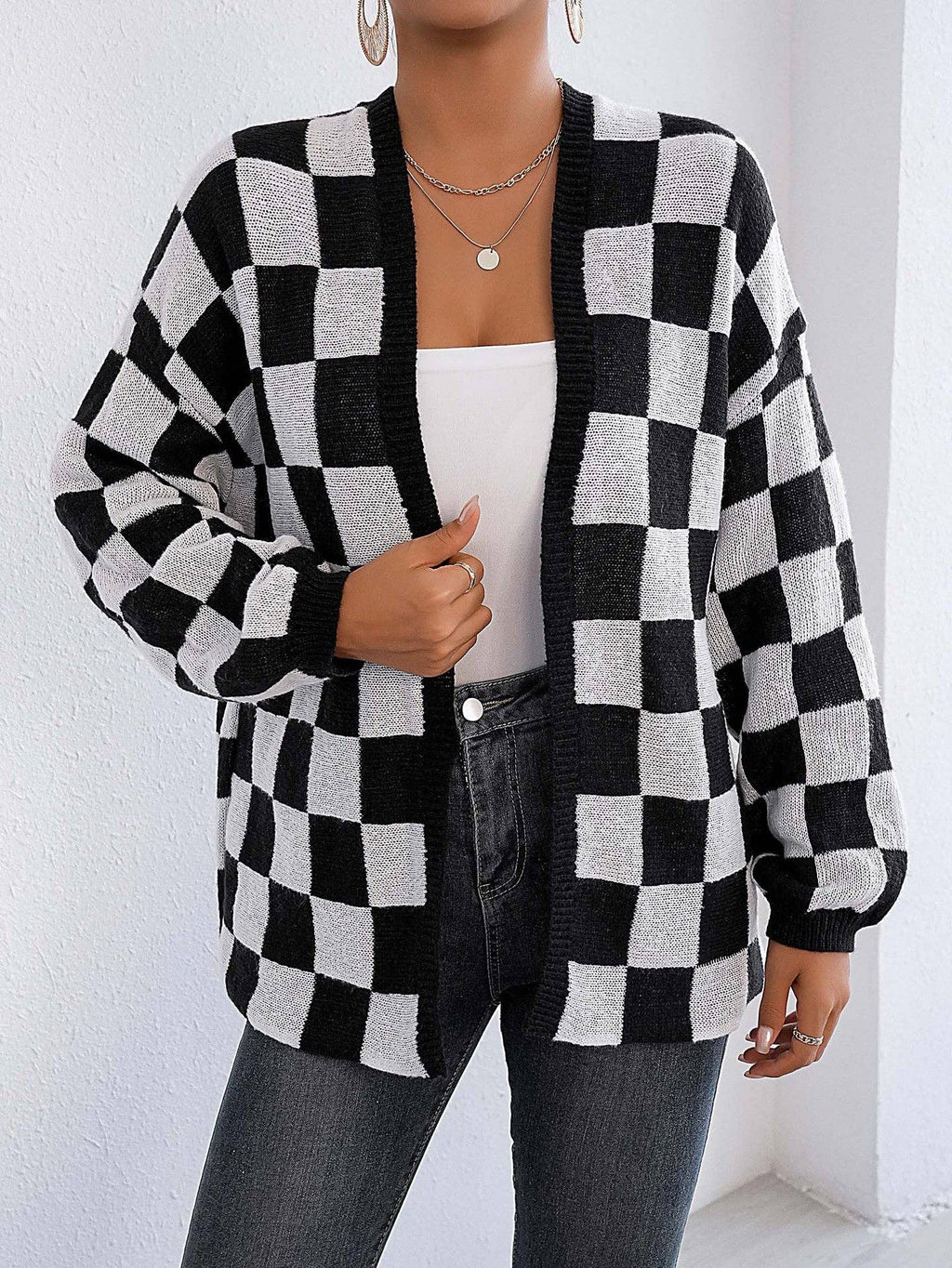 Plaid Colorblock Open Cardigan Sweater | Cozy Casual Layer: Black / XL