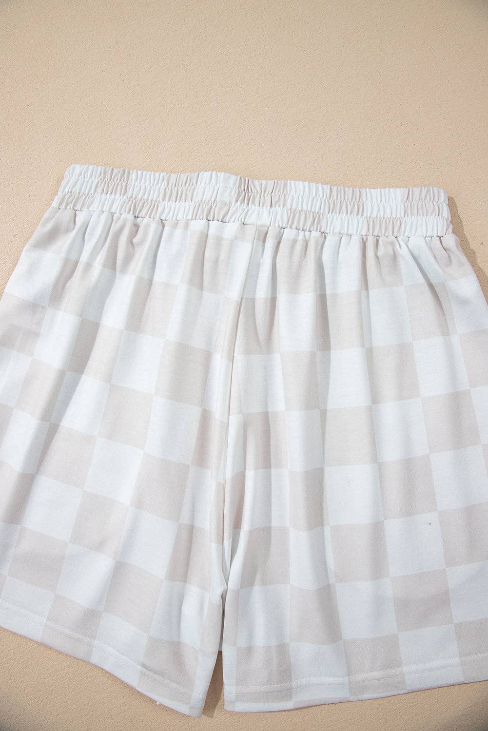 Beige Checkered Lounge Set V Neck Tee Shorts: Beige / 95%Polyester+5%Elastane / M
