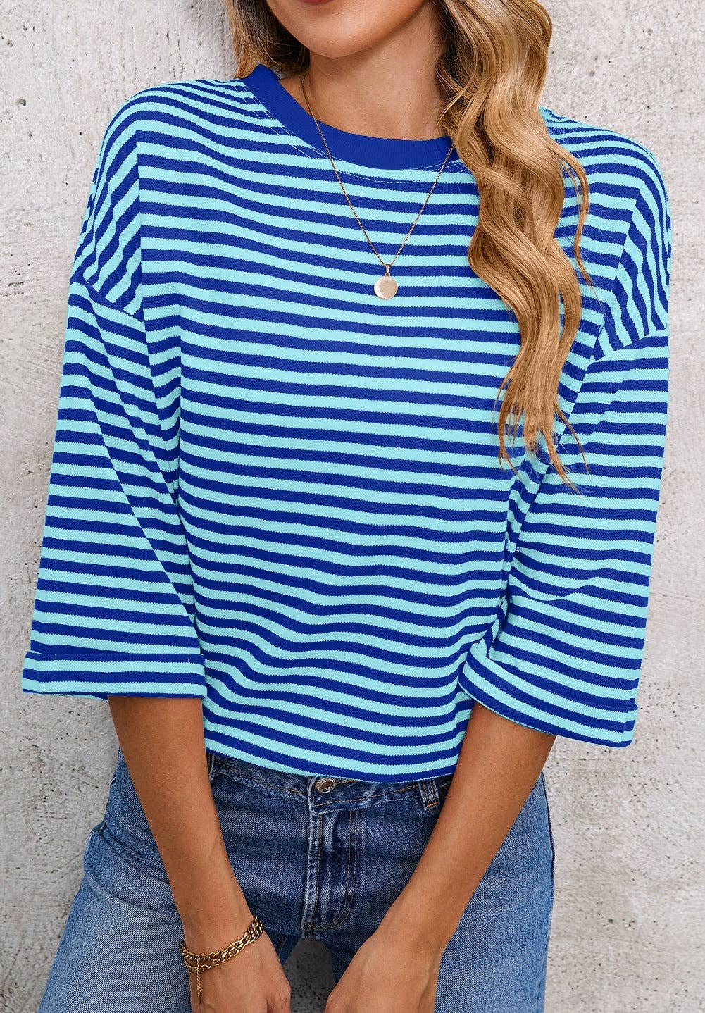 Pink Striped Knit Crew Neck Top with Back Bow Tie Detail: Pink Stripe / 65%Viscose+35%Polyester / L