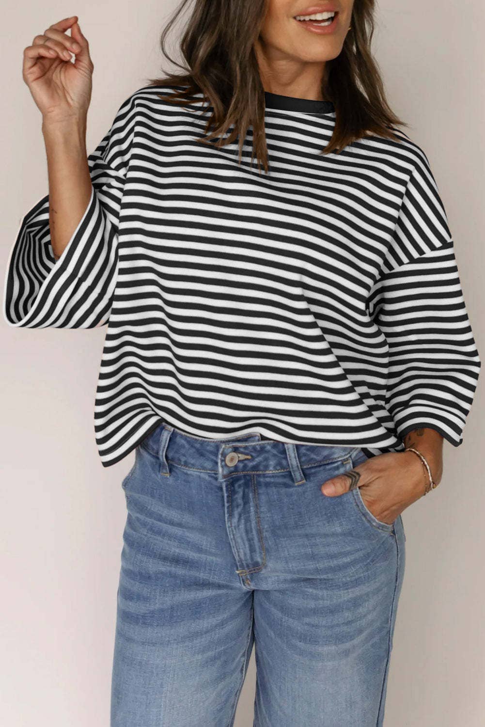 Pink Striped Knit Crew Neck Top with Back Bow Tie Detail: Pink Stripe / 65%Viscose+35%Polyester / M