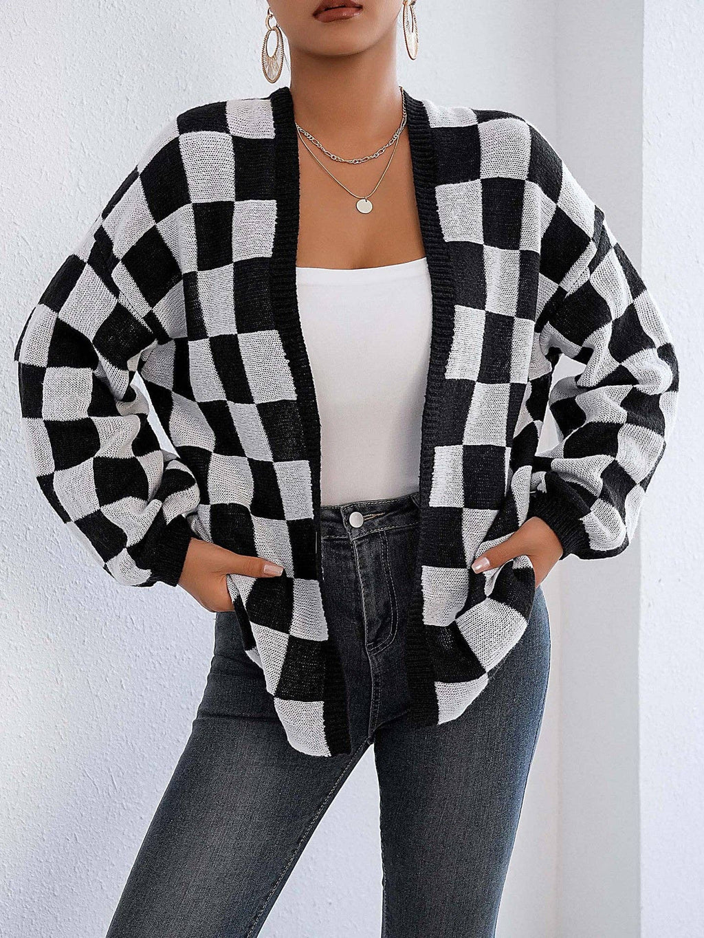Plaid Colorblock Open Cardigan Sweater | Cozy Casual Layer: Black / XL