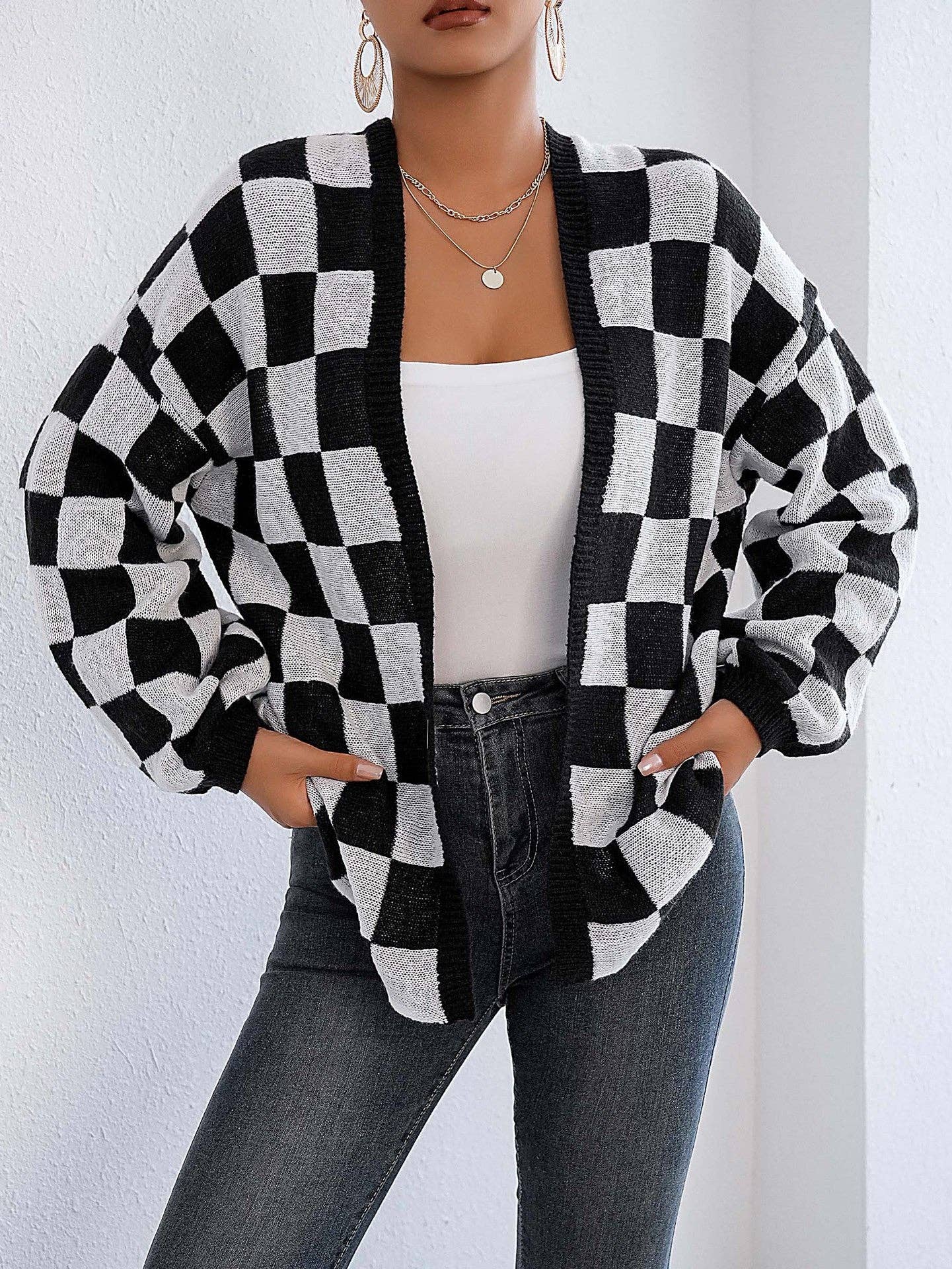 Plaid Colorblock Open Cardigan Sweater | Cozy Casual Layer: Black / XL