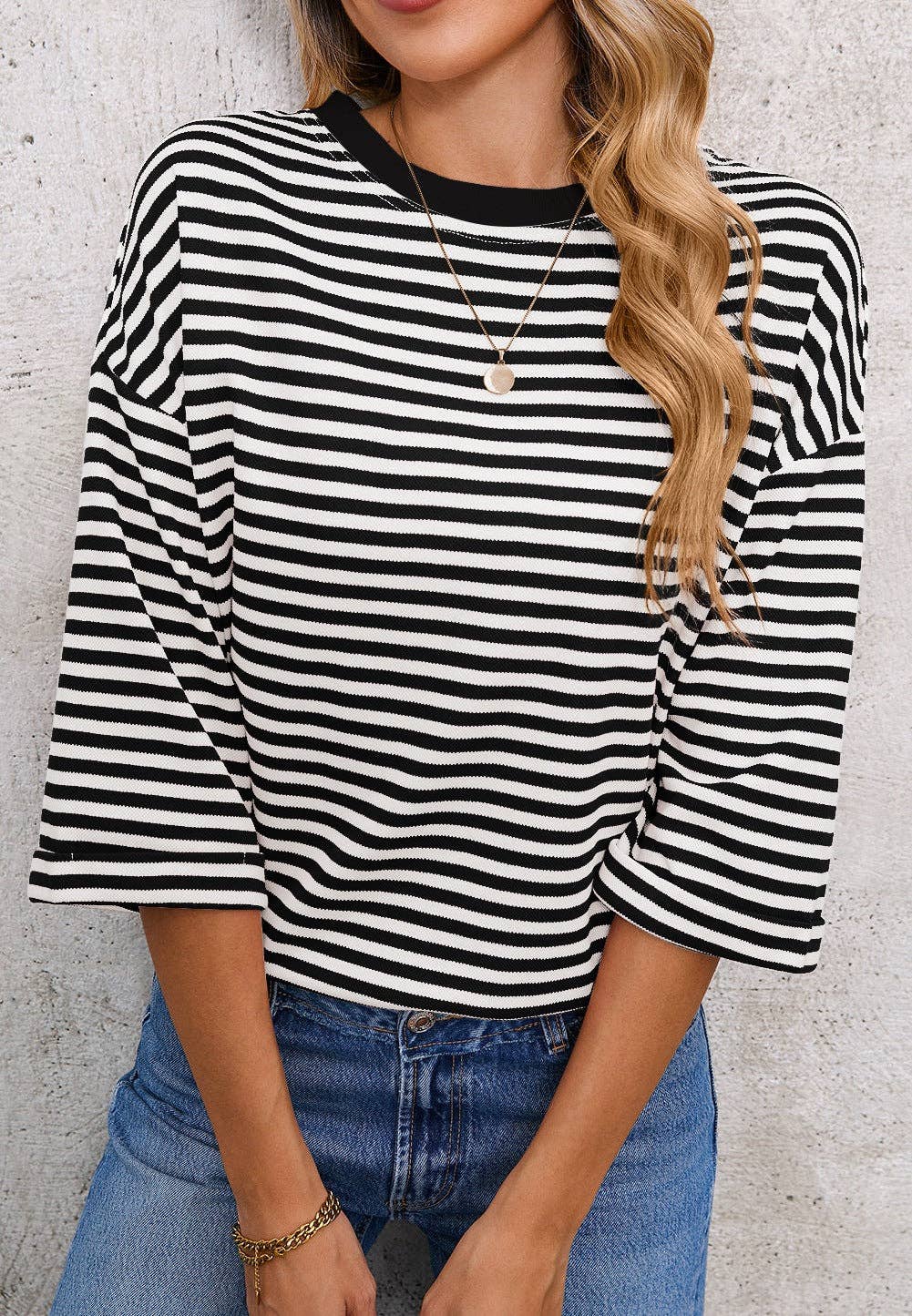 Pink Striped Knit Crew Neck Top with Back Bow Tie Detail: Pink Stripe / 65%Viscose+35%Polyester / XL