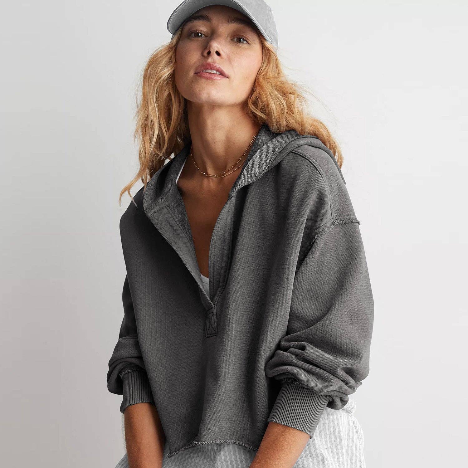 V-Neck Hooded Pullover Sweater Loose Fit Long Sleeve Top: Rose red / S