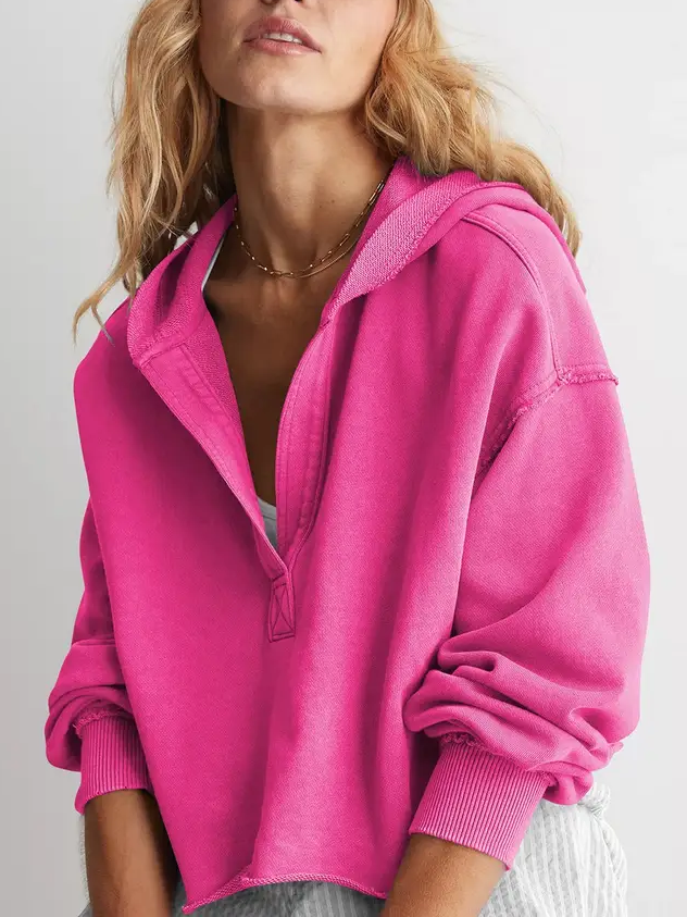 V-Neck Hooded Pullover Sweater Loose Fit Long Sleeve Top: Rose red / S