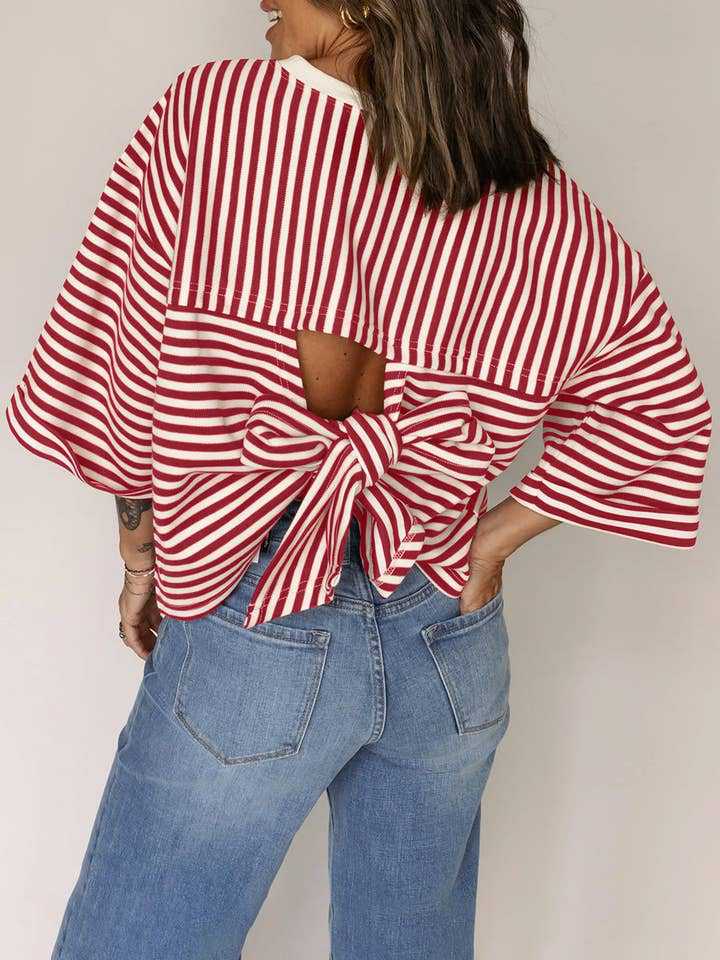 Pink Striped Knit Crew Neck Top with Back Bow Tie Detail: Pink Stripe / 65%Viscose+35%Polyester / XL