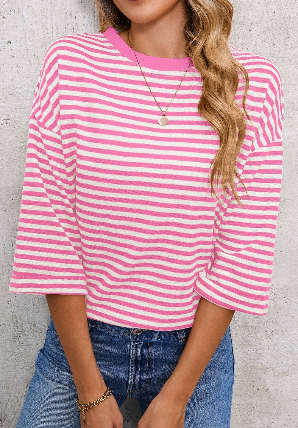 Pink Striped Knit Crew Neck Top with Back Bow Tie Detail: Pink Stripe / 65%Viscose+35%Polyester / L