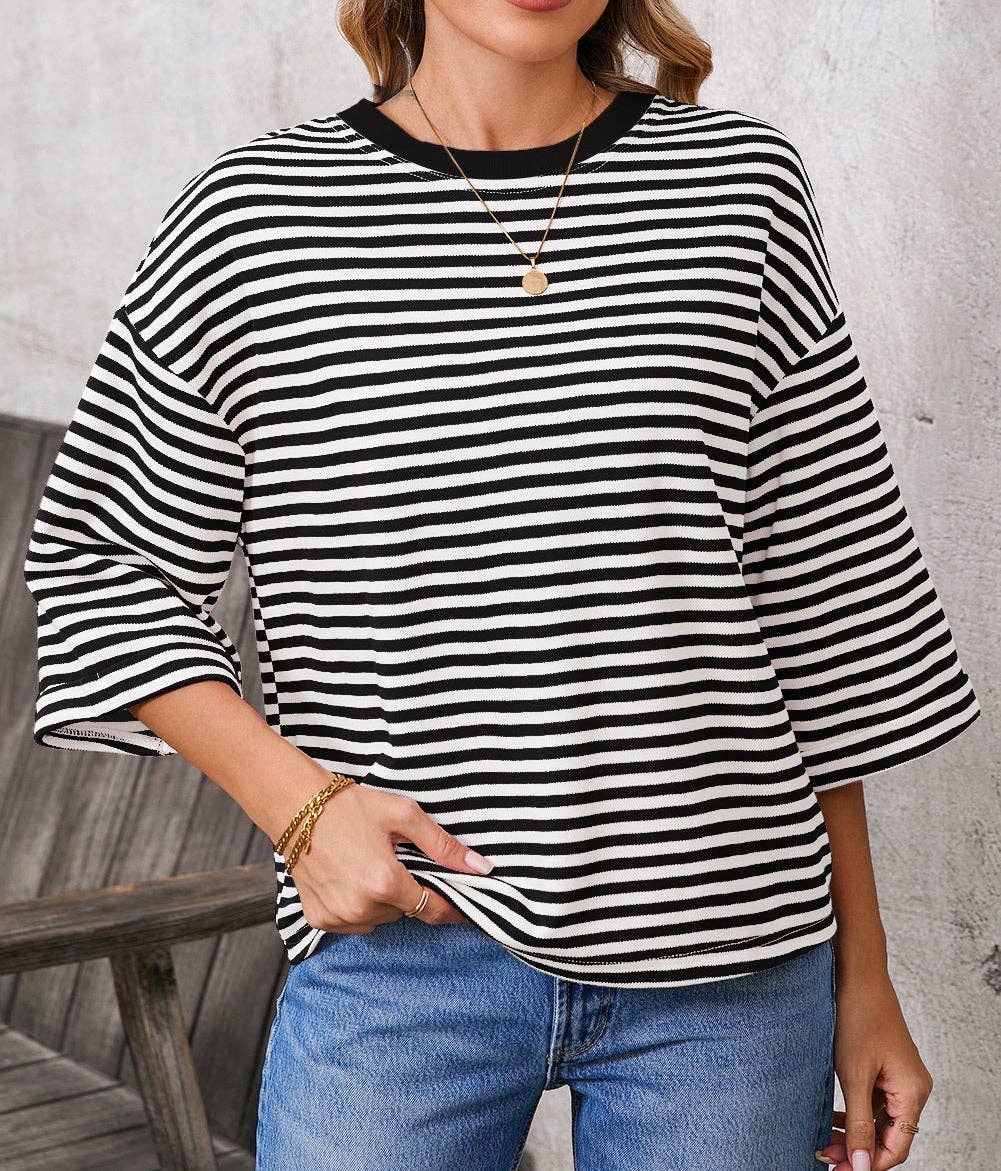Pink Striped Knit Crew Neck Top with Back Bow Tie Detail: Pink Stripe / 65%Viscose+35%Polyester / XL