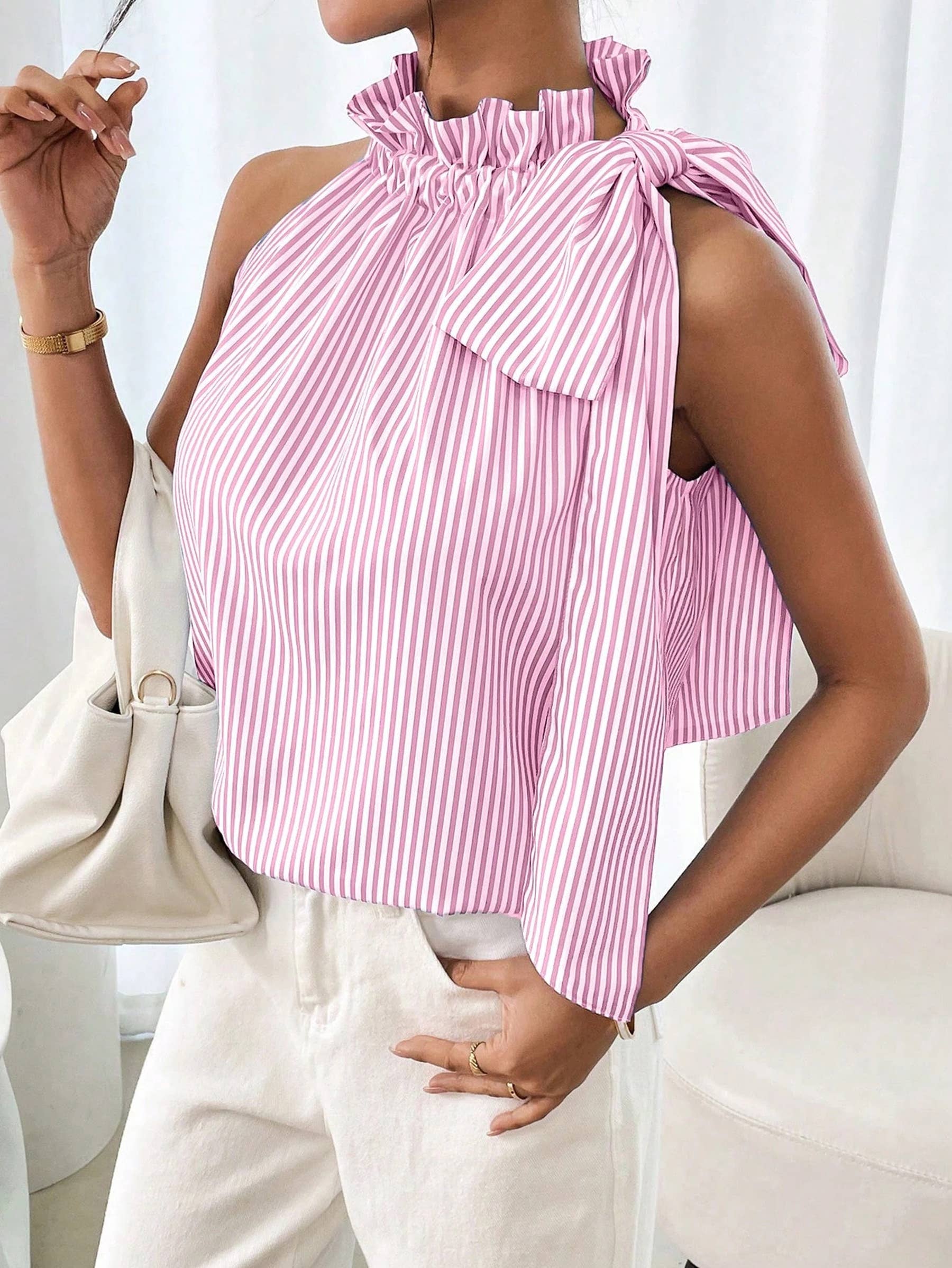 Sleeveless Striped High Neck Knot Sleeveless top: Pink / S