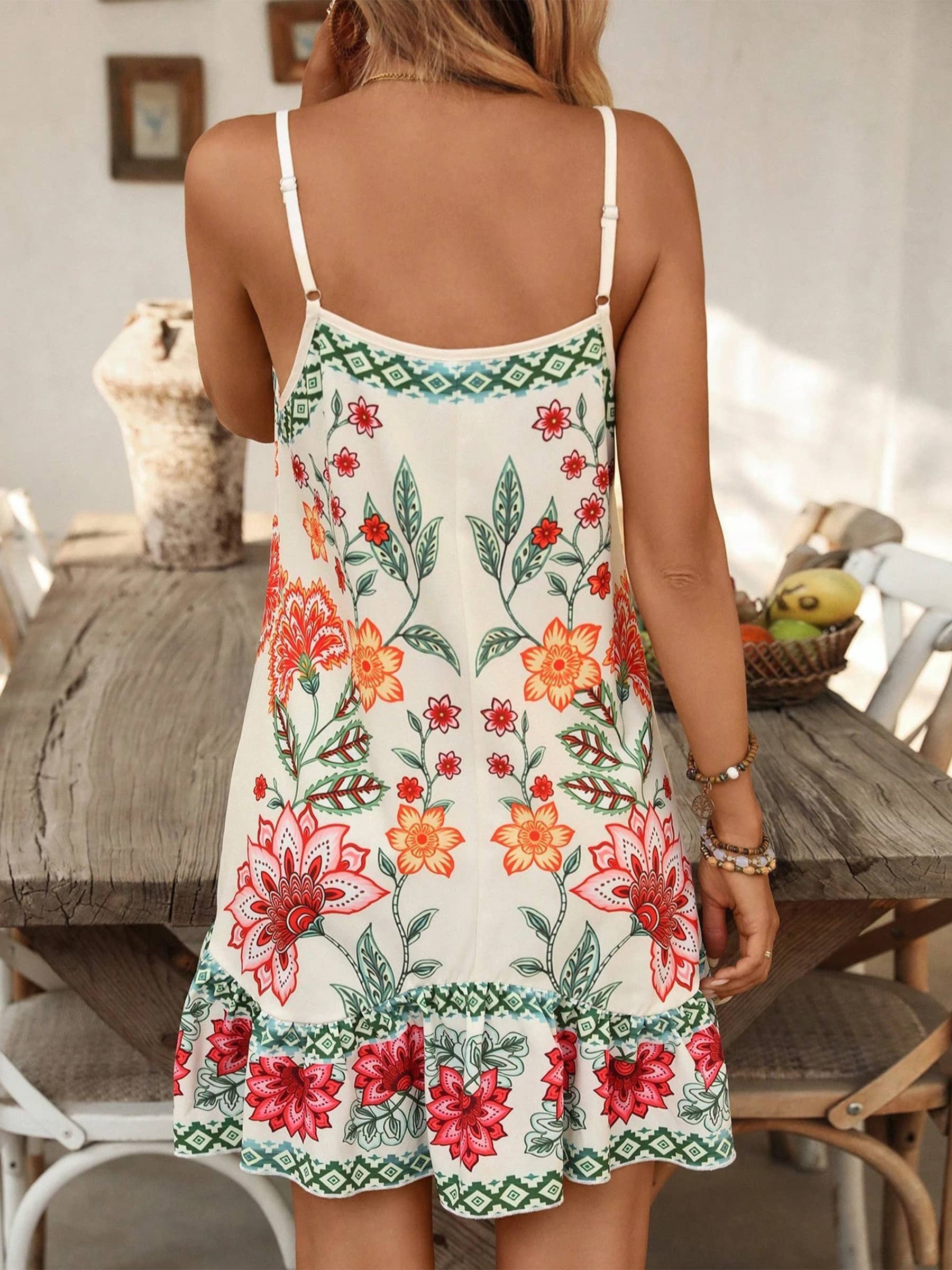 Flower Printed Sleeveless Vacation Dress: Beige / S