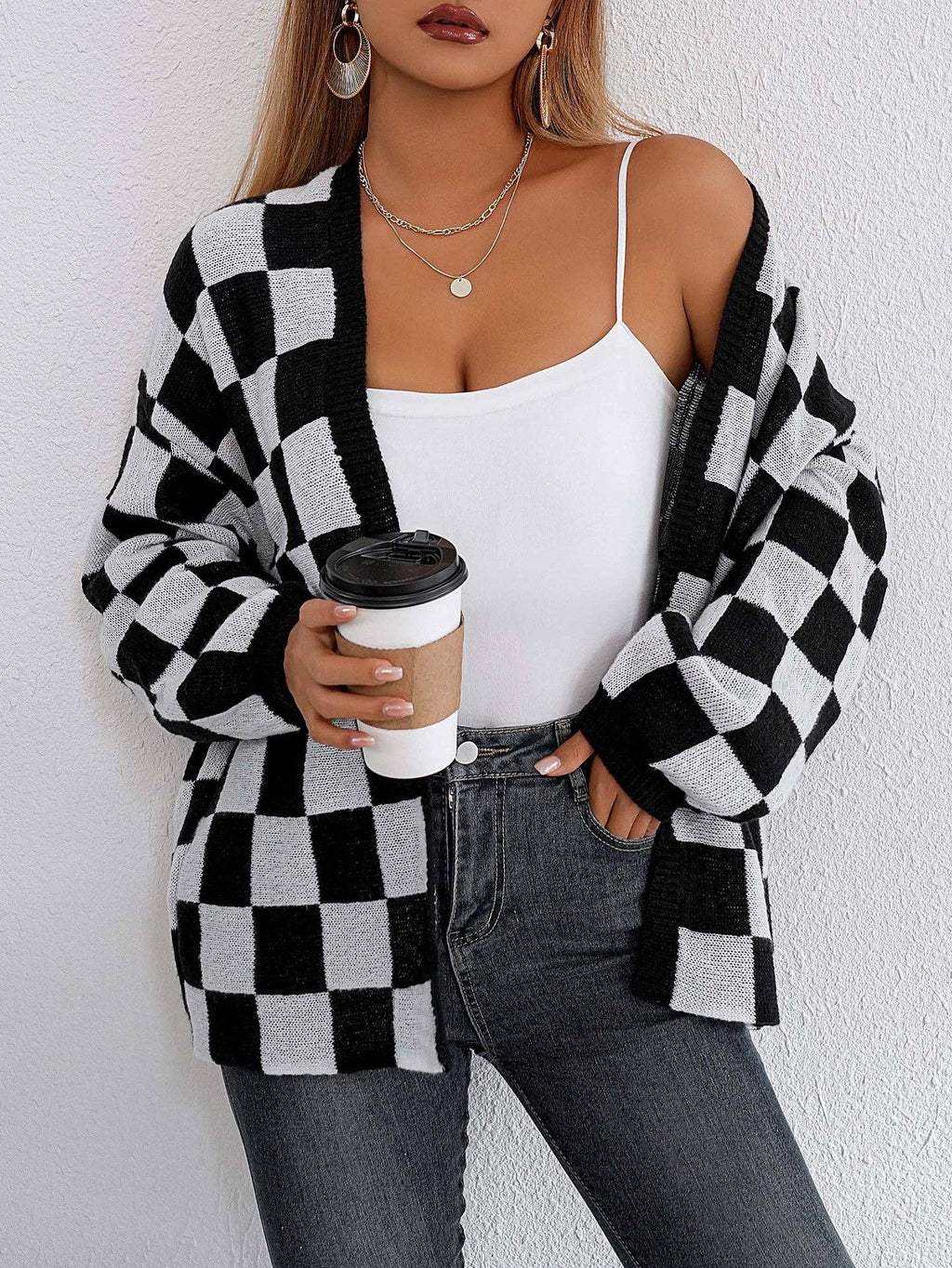 Plaid Colorblock Open Cardigan Sweater | Cozy Casual Layer: Black / XL
