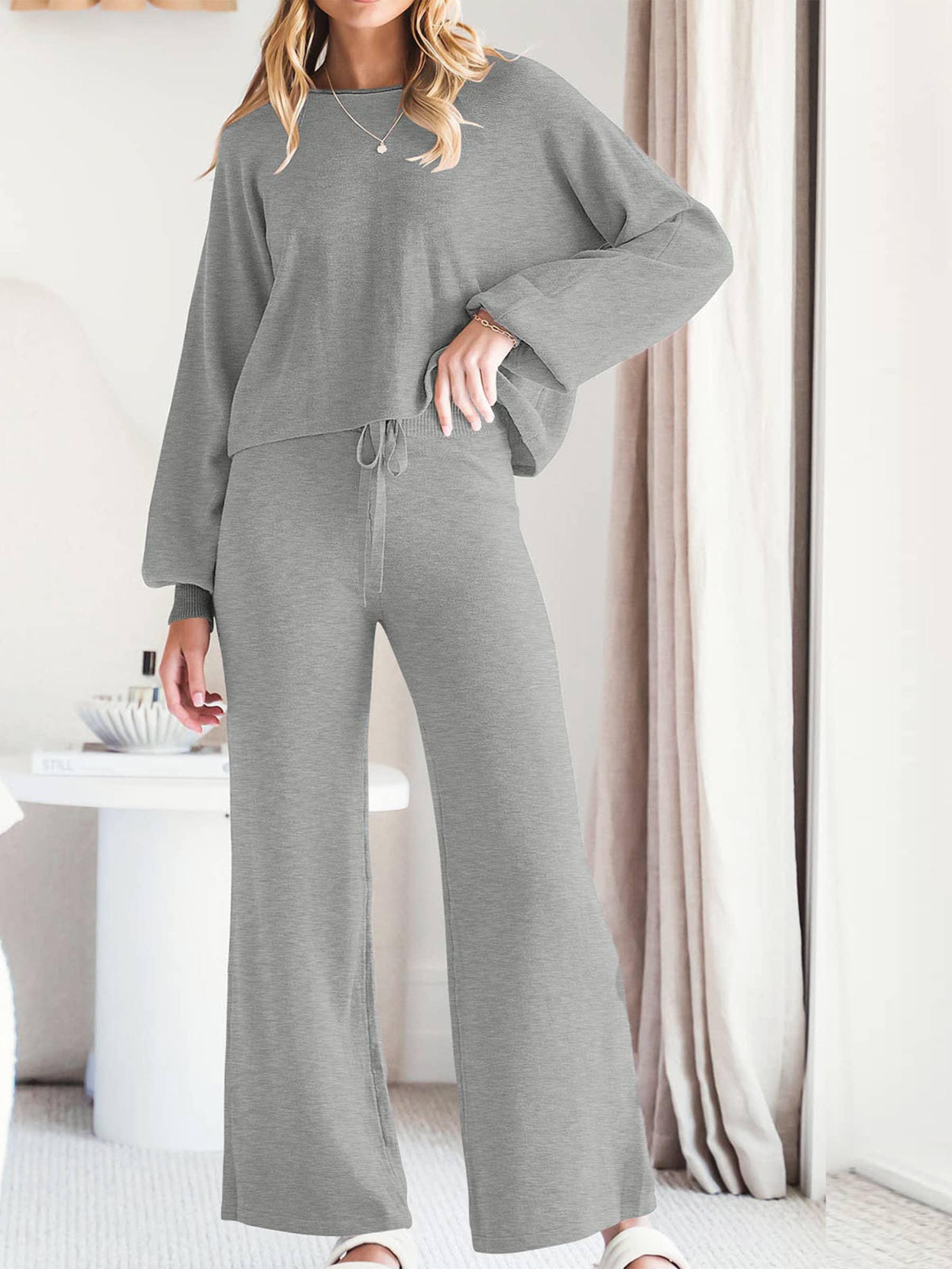 Round Neck Top With Drawstring and Elastic Pants Set: Black