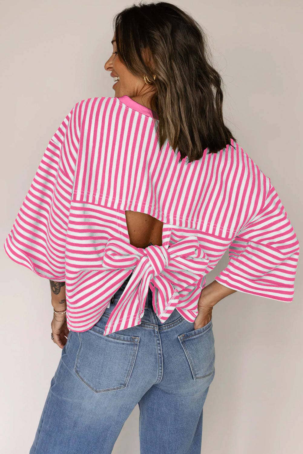 Pink Striped Knit Crew Neck Top with Back Bow Tie Detail: Pink Stripe / 65%Viscose+35%Polyester / L