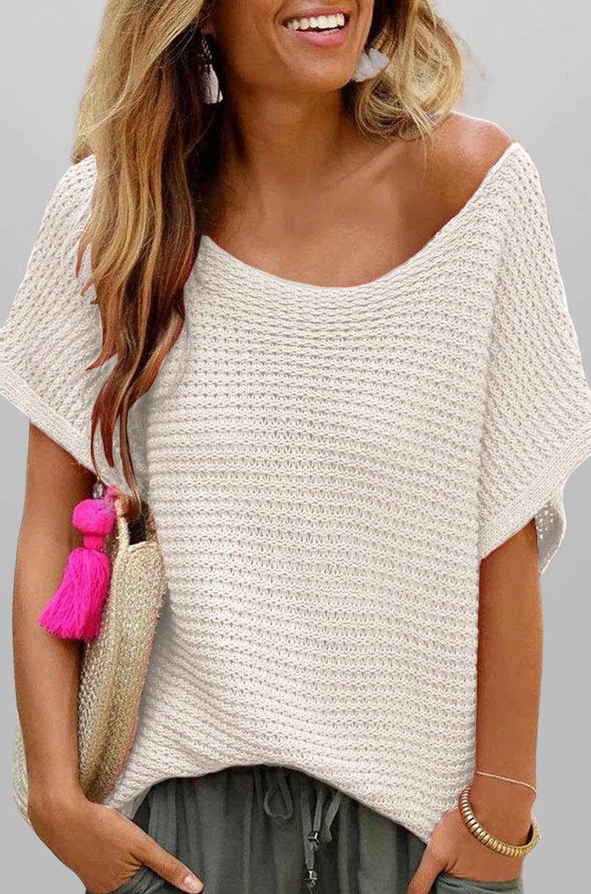 Loose Knit Short Sleeve Solid Color Summer Top: Apricot / 100%viscose / L