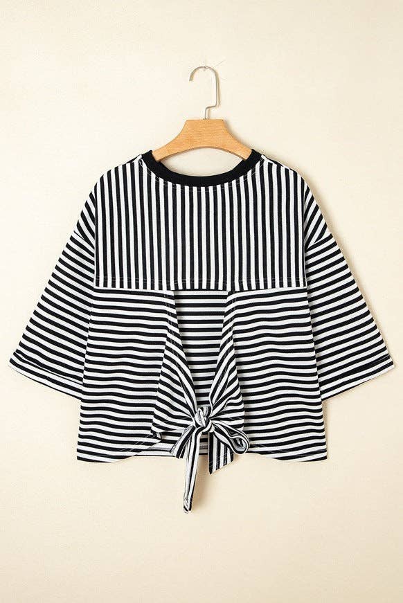 Pink Striped Knit Crew Neck Top with Back Bow Tie Detail: Pink Stripe / 65%Viscose+35%Polyester / XL