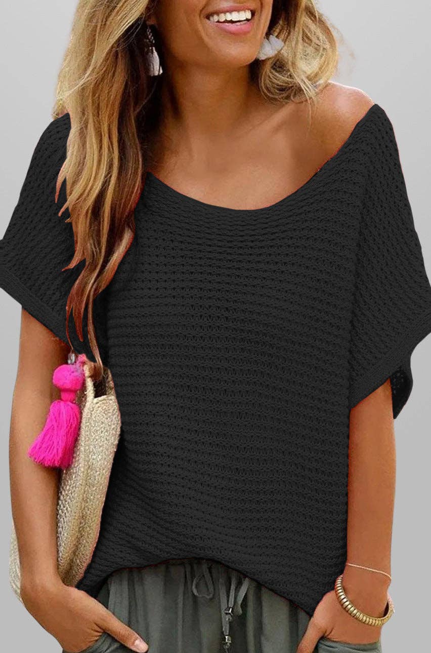 Loose Knit Short Sleeve Solid Color Summer Top: Apricot / 100%viscose / L