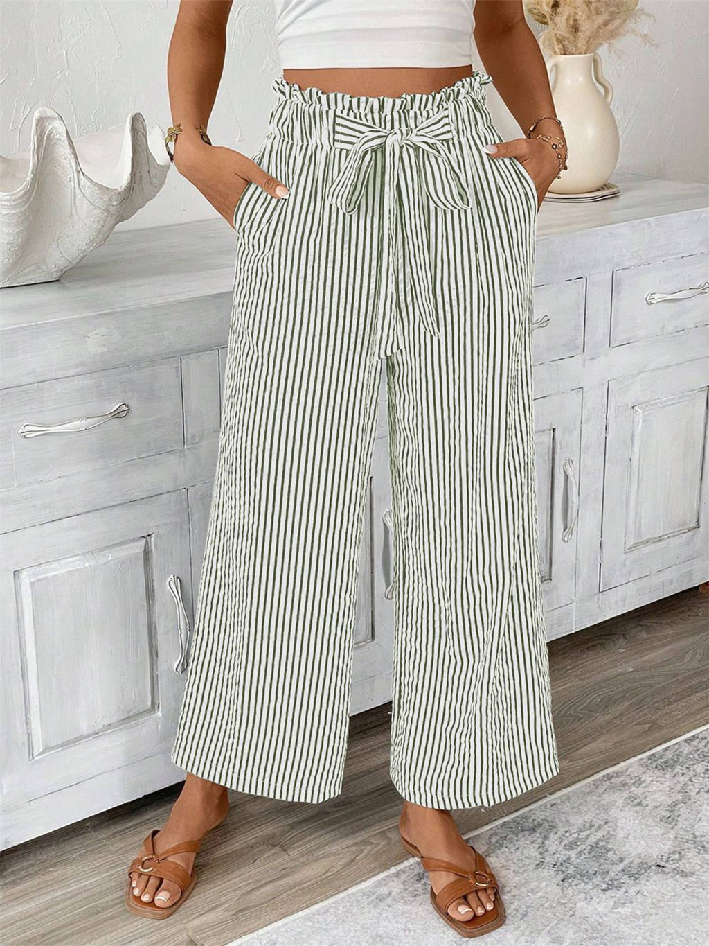Striped Casual Elegant Straight Leg Pants: Black / S