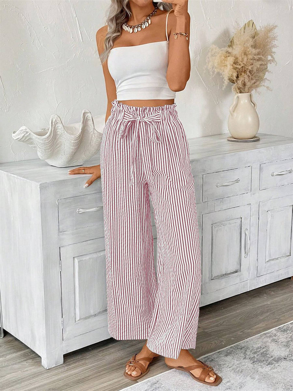 Striped Casual Elegant Straight Leg Pants: Black / L