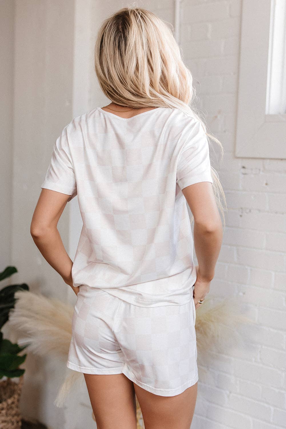 Beige Checkered Lounge Set V Neck Tee Shorts: Beige / 95%Polyester+5%Elastane / S