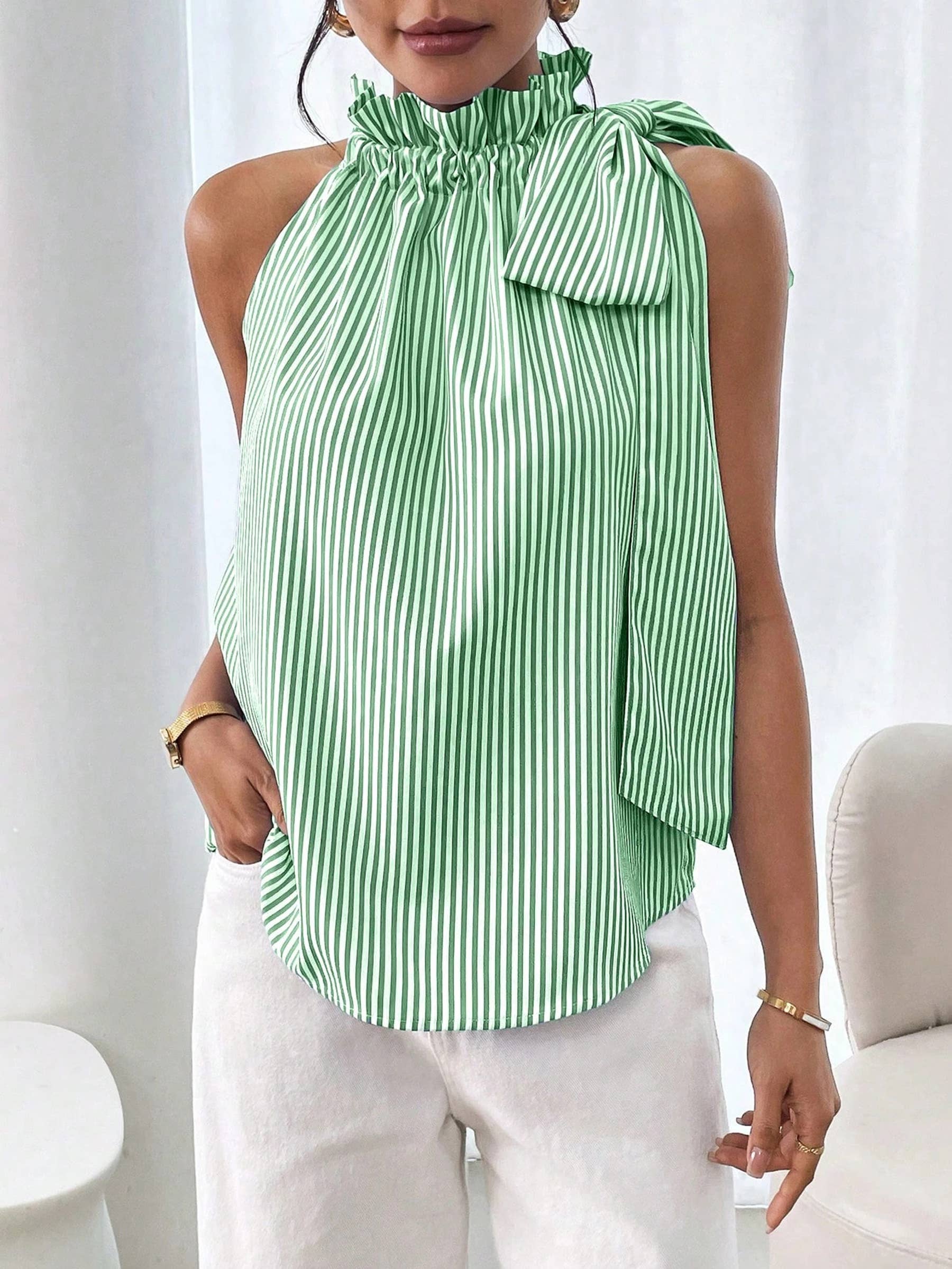 Sleeveless Striped High Neck Knot Sleeveless top: Pink / M