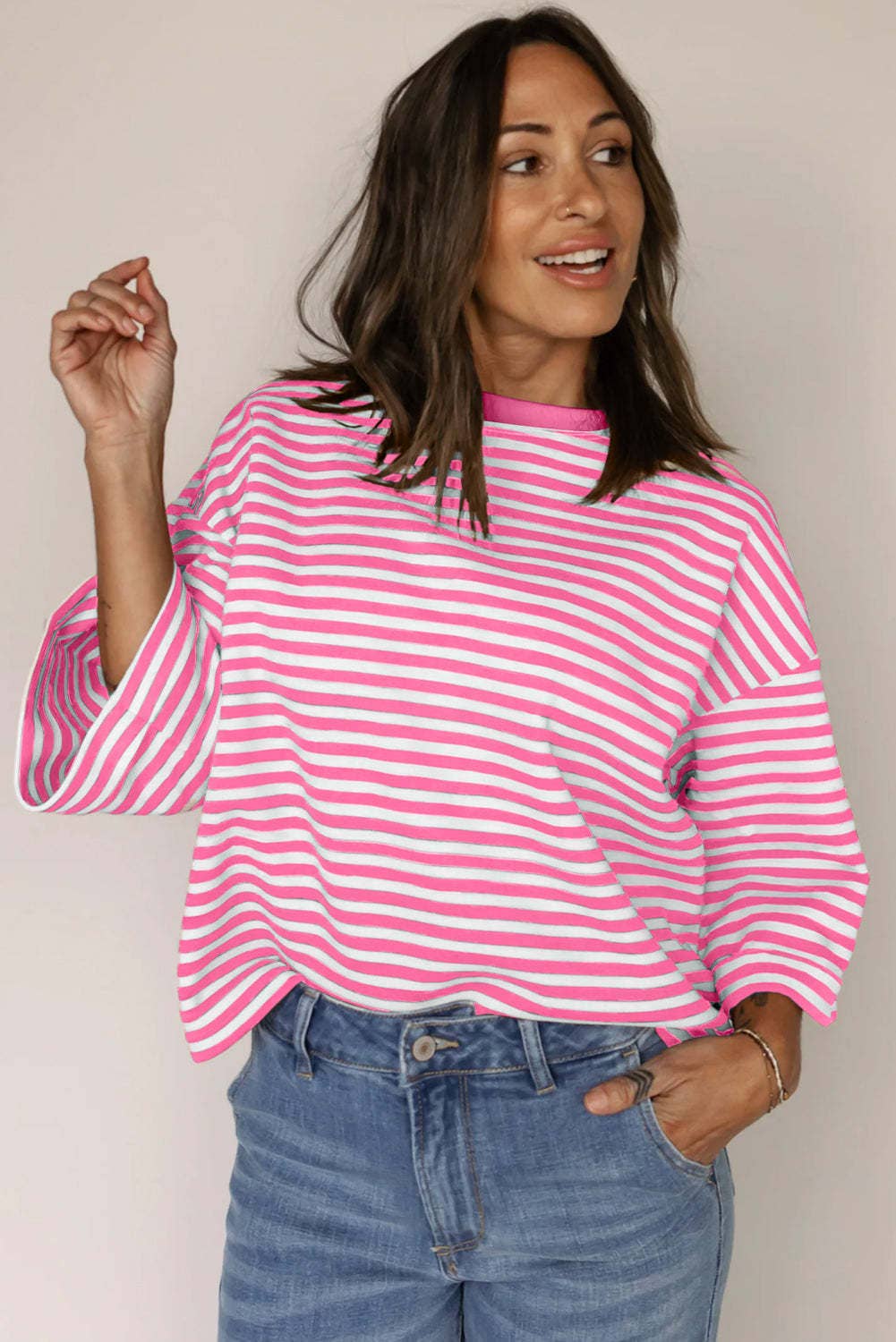 Pink Striped Knit Crew Neck Top with Back Bow Tie Detail: Pink Stripe / 65%Viscose+35%Polyester / XL