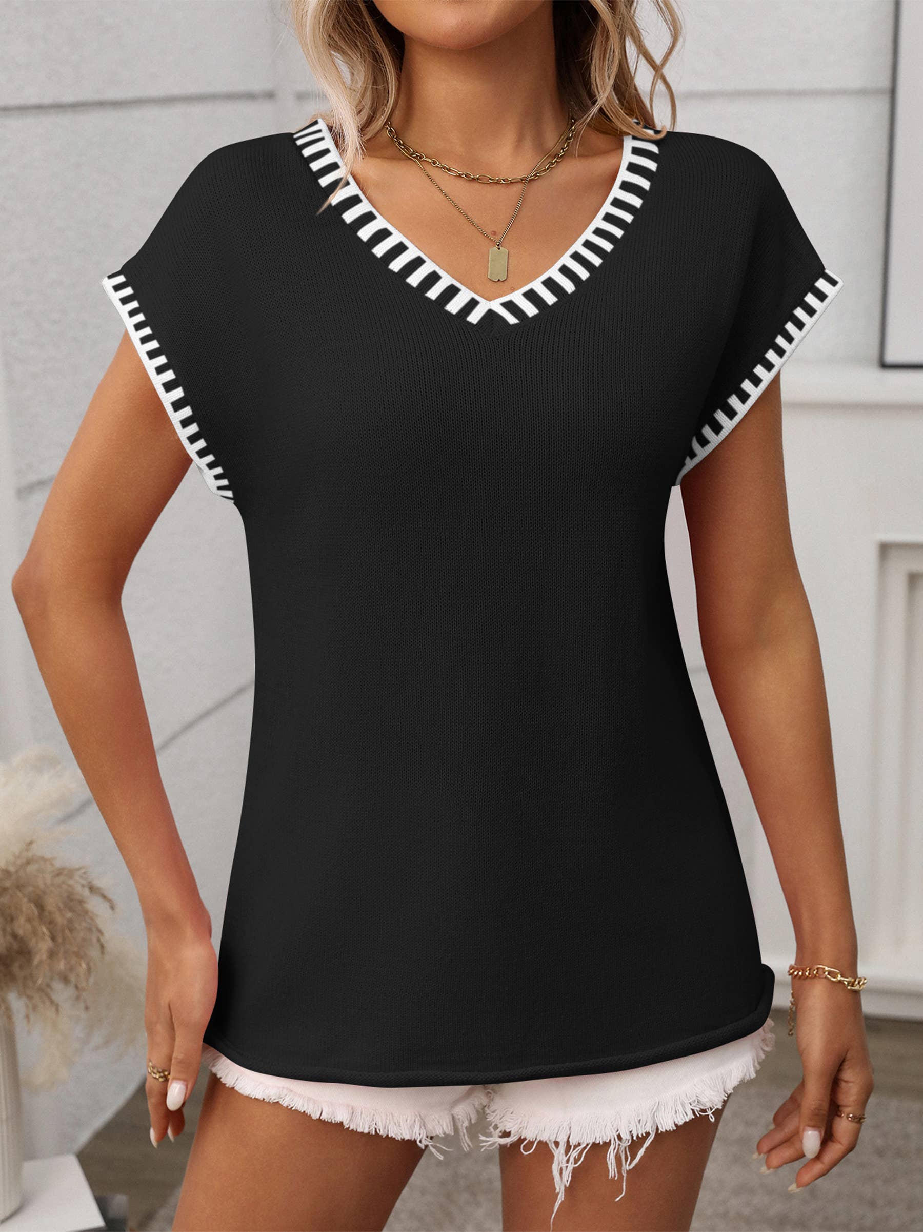 V-neck Short Sleeves Sweater Vest: Pink