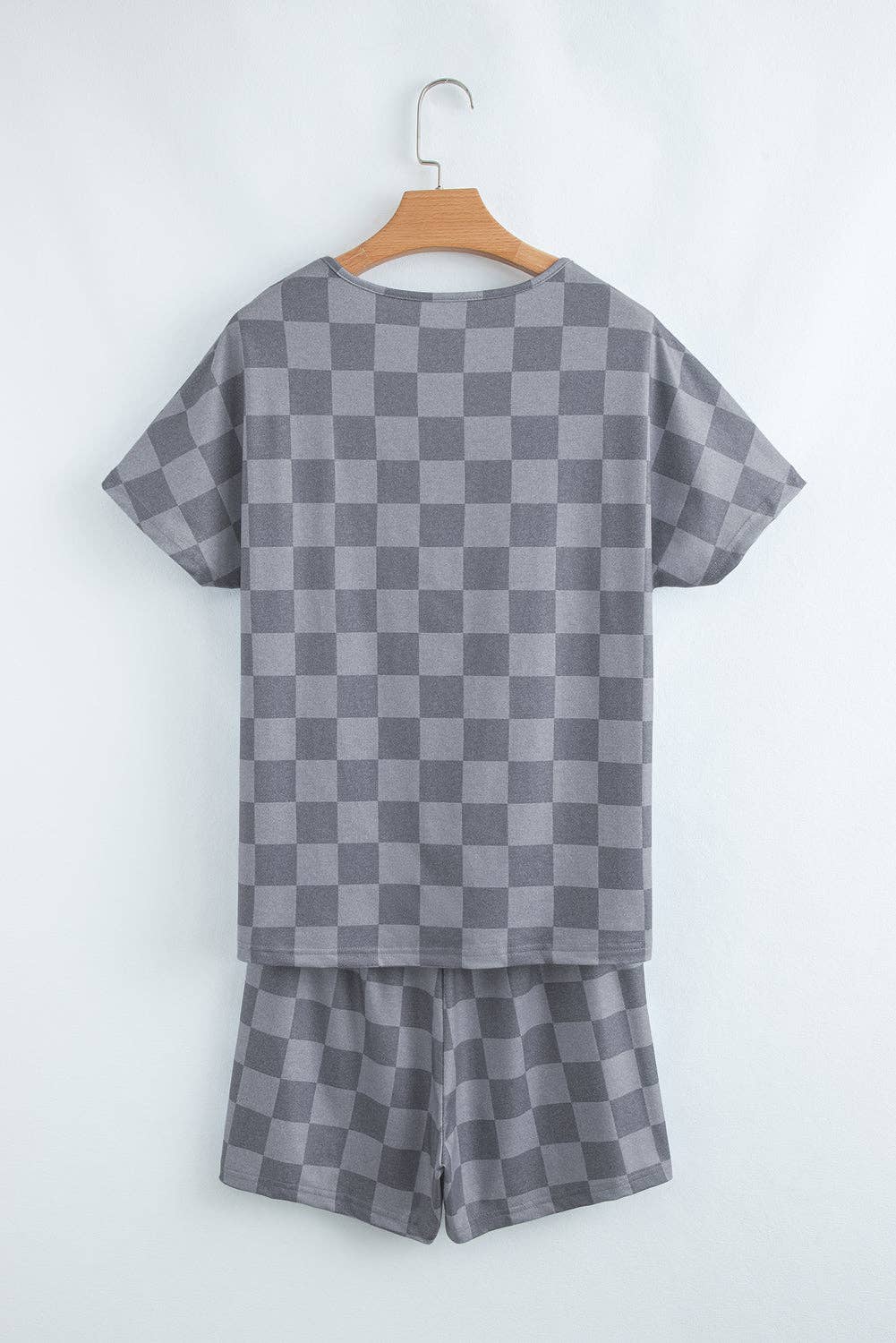 Beige Checkered Lounge Set V Neck Tee Shorts: Beige / 95%Polyester+5%Elastane / XL